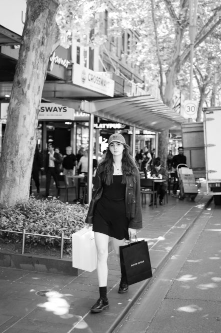 A lovely model shopping in Melbourne , a work of passion by Arnold Szmerling captured in Black and White  during his Leica Q3 street photography experience.